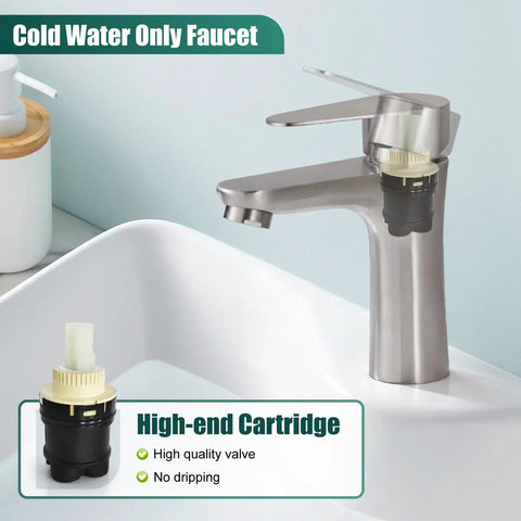 Brushed Nickel Single Handle Bathroom Faucet Heavy Duty Cold Water Design With Rock Solid Stainless Steel Build And Rust Proof Finish That Flows Smooth, featuring high-end cartridge and sleek design.