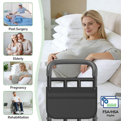 Built Tough Bed Rail For Seniors With Ergonomic Foam Padded Handle in use by expecting mother. ASTM Certified Adjustable Bed Assist Rail shown.