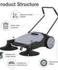 42 Inch Walk Behind Floor Sweeper With Dual Side Brushes And Fifteen Gallon Dustbin showing ergonomic handle and sturdy design