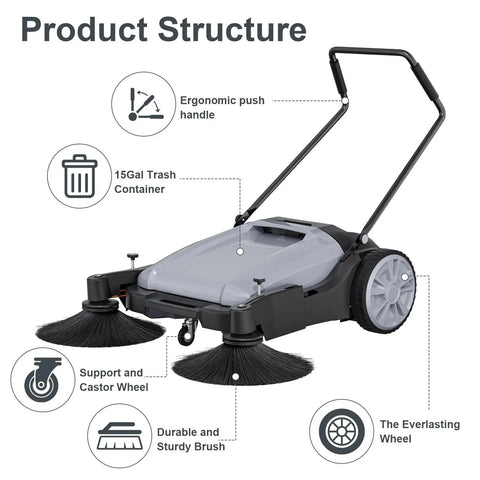 42 Inch Walk Behind Floor Sweeper With Dual Side Brushes And Fifteen Gallon Dustbin showing ergonomic handle and sturdy design