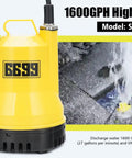 Submersible Water Pump One Quarter HP 1600 GPH Portable Thermoplastic Utility Pump with yellow body near water discharge