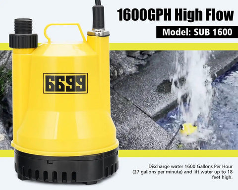 Submersible Water Pump One Quarter HP 1600 GPH Portable Thermoplastic Utility Pump with yellow body near water discharge