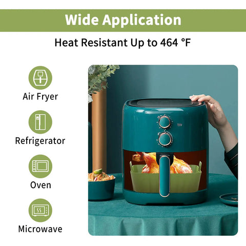 2 Pack 9 Inch Square Silicone Air Fryer Liners For 6 Qt To 9 Qt in use with a green air fryer showcasing easy cleanup.