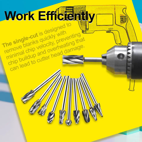 Straight Shooter 10 Piece Solid Tungsten Carbide Rotary Burrs Featuring 1/8 Inch Shank and Single Cut Flutes for Quick Aluminum Shaping Die Grinder Work on display with rotary tool.