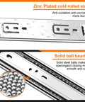 Close-up of 16 Inch Full Extension Drawer Slides showing zinc plated steel and solid ball bearings for smooth operation.