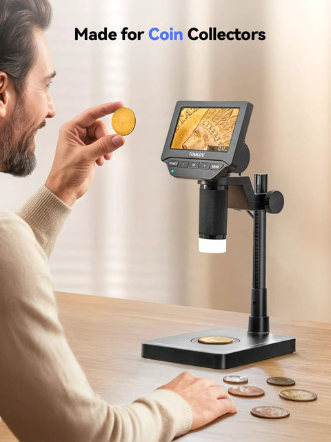 4.3 Inch Digital Coin Microscope with Built In Scale and Illuminated Magnifier, ideal for collectors examining coins on a desk.
