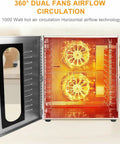 Big Batch Commercial Grade Electric Digital Food Dehydrator With Heavy Duty Trays for fresh fruits and homemade jerky, showing dual fans.