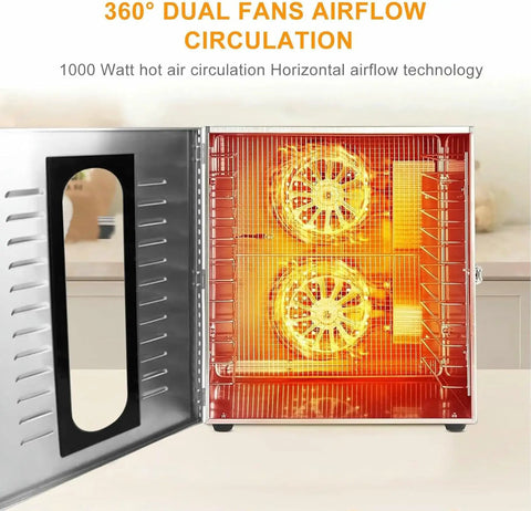 Big Batch Commercial Grade Electric Digital Food Dehydrator With Heavy Duty Trays for fresh fruits and homemade jerky, showing dual fans.