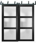 Boss Interior Barn Door Set Bypass Sliding Doors with Frosted Glass and Solid Wood Panels 48 x 96 inches Black Finish