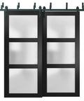 Bypass Sliding Barn Doors Set With Frosted Glass And Solid Wood 60x96 Black Modern Vibe Hardware Included Double Doors