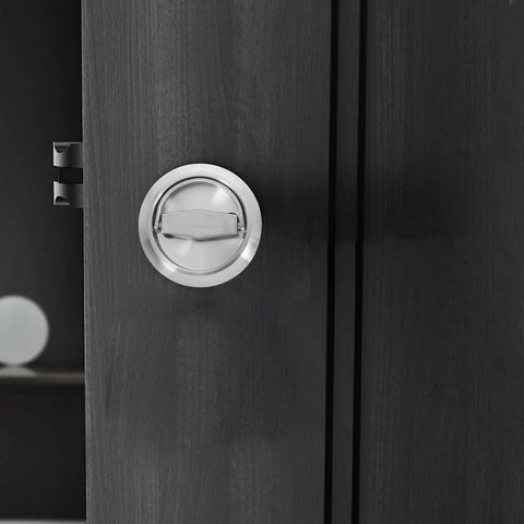 Hidden Recessed Pull Handles For Sliding Barn Doors, stainless steel concealed design, silver finish on dark door