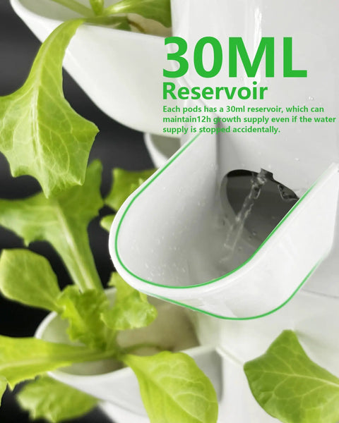 Close-up of the Vertical Indoor Hydroponic Tower Garden System With 30 Pods, showing lettuce plant and 30ml water reservoir.