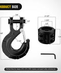 Detailed view of Three Eighths Inch Grade 70 Forged Steel Winch Hook Set with safety latch and components, black color with measurements.