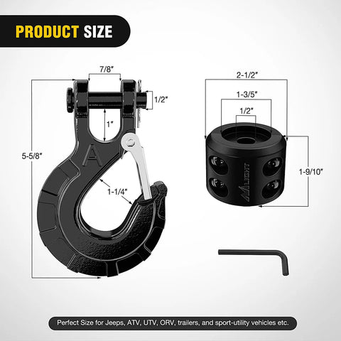 Detailed view of Three Eighths Inch Grade 70 Forged Steel Winch Hook Set with safety latch and components, black color with measurements.