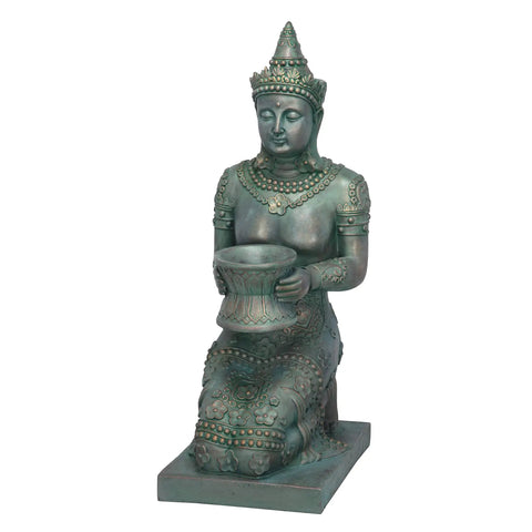 Thai Princess Kneeling Garden Statue With Offering Bowl Indoor Outdoor Polyresin Sculpture 28 Inch Tall Handcast Green Bronze Finish Zen Vibes For Meditation And Relaxation