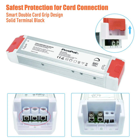 120W Dimmable LED Driver 24V AC To DC Power Supply showing cord grip design and terminal block for dimmable LED lights.