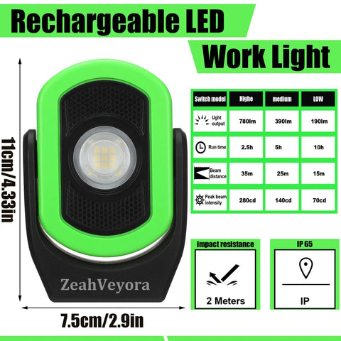 Front view of Three Pack 780 Lumen Magnetic USB Rechargeable LED Work Light for Car Repair and Workshop Portable Inspection Flashlight