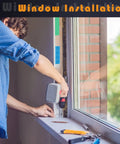 Person using power tool for window installation, with colorful 300 piece plastic flat shims set in background for leveling.