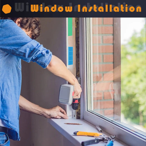 Person using power tool for window installation, with colorful 300 piece plastic flat shims set in background for leveling.