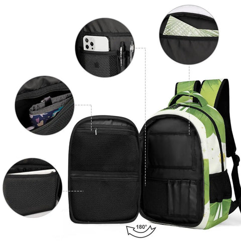 Interior view of Green Three Leaf Clover Printed Unisex Backpack with organized compartments and 180-degree opening