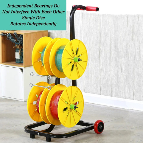 Heavy Duty Wire Spool Rack On Wheels With Casters For Electrical And Industrial Garage Use 4 Yellow Spools Displayed