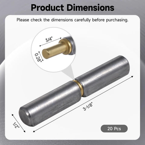 20 Pcs Weldable Barrel Hinges Beefy Heavy Duty Carbon Steel For Trailer Ramps Swing Doors And Metal Gates Detachable Rotating Pin Three And One Eighth Inch Long By One Half Inch Body Pin Size Point Two Eight By Three Quarters Inch with dimensions shown