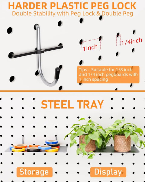 Pegboard Organizer Kit With 238 Pieces Hooks Bins Baskets Paper Towel Holder For One Eighth And One Quarter Inch Pegboards Steel tray and hook detail