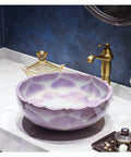 Upgrade Your Bathroom Game With This Prime Ceramic Vessel Sink Above Counter Vanity Top Super Slick Glaze Finish Heavy Duty One Piece Art Wash Basin No Overflow Hole Built Tough For Everyday Use, purple design, bowl shape.