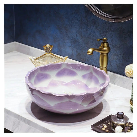 Upgrade Your Bathroom Game With This Prime Ceramic Vessel Sink Above Counter Vanity Top Super Slick Glaze Finish Heavy Duty One Piece Art Wash Basin No Overflow Hole Built Tough For Everyday Use, purple design, bowl shape.