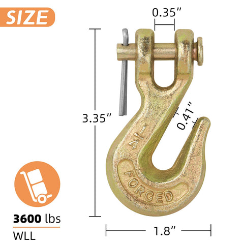 Tough As Nails 1/4 Inch Clevis Grab Hook For Rigging And Tow Pin Clevis Trailer Hook For Trucks And Flatbeds 3600 Lbs Working Load Limit 14,400 Lbs Breaking Strength Pack Of 6 showing dimensions and size information