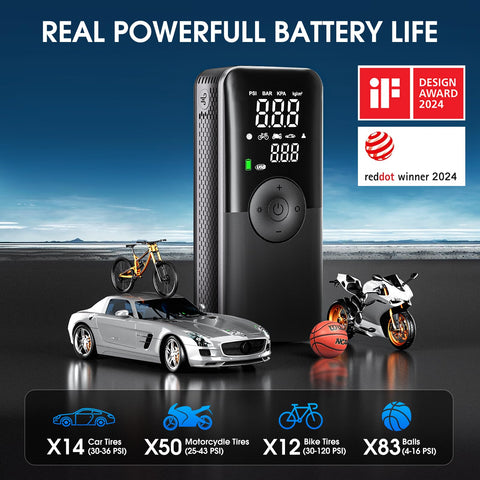Cordless Tire Inflator Portable Air Compressor With Digital Dual Screen Pressure Gauge and vehicles, awards displayed