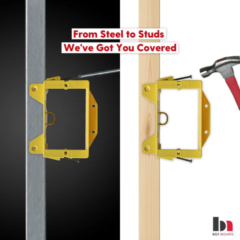 Nail On Low Voltage Mounting Brackets For New Construction 1 Gang yellow brackets on steel and wood studs with tools