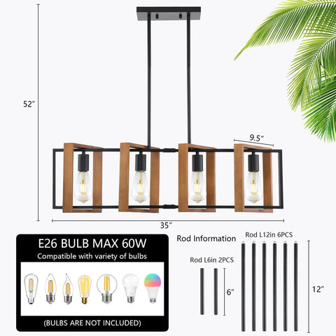 35.4 Inch Kitchen Island Lighting Dope Four Light Farmhouse Chandelier In Black Modern Pendant Lighting size and rods details