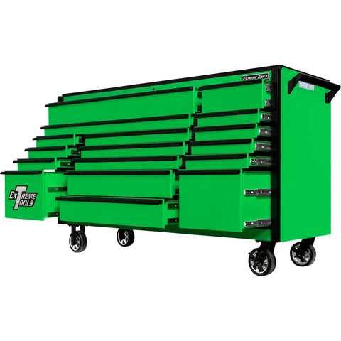 Tough As Nails 72 Inch Wide 17 Drawer Rolling Tool Chest With Heavy Steel Frame And Smooth Glide Drawers Built Mean For Serious Shop Mechanics On The Go, green finish, mobile with wheels.