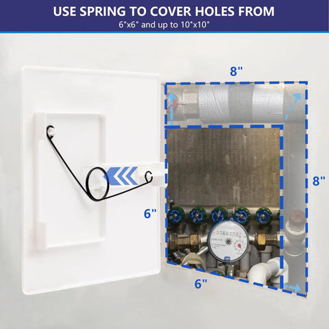 No Sweat Spring Fit Access Panel Covers Dreamy 8x8 Inch Drywall Cuts for quick access to plumbing behind the panel.