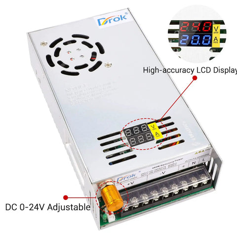 Dual Display 24V Lab Grade Power Supply From 110V 220V AC To DC 0 To 24V Beefy 20A 480W Buck Converter Regulated Adjustable Output