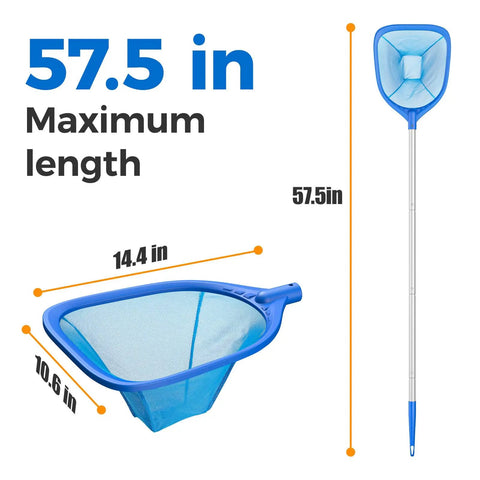 57 Inch Telescopic Pool Skimmer Net With Aluminum Pole Leaf Rake For Fast Cleaning Of Pools Ponds Hot Tubs And Spas Must Have Durable Yet Lightweight 4 Section Extendable Pole Easy Handling And Debris Pickup showing measurements