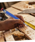 Solid Grip Mechanical Carpenter Pencil Set With Interchangeable Refills Featuring Wide Mouth Deep Hole Marker Heavy Duty Woodworking Gear For Framers Inspectors And Tradesmen Tight Fit Build Job Site Ready using on wood with measuring tape.