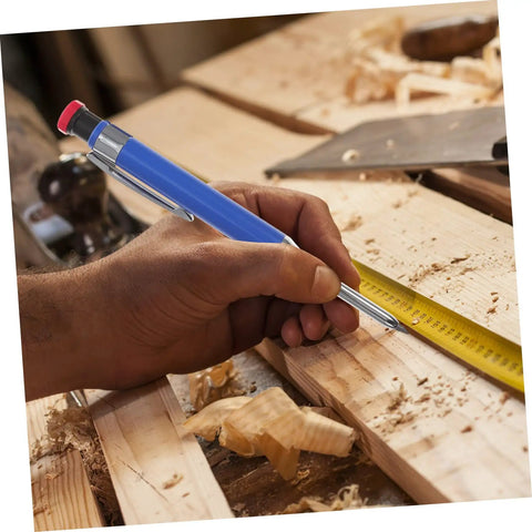 Solid Grip Mechanical Carpenter Pencil Set With Interchangeable Refills Featuring Wide Mouth Deep Hole Marker Heavy Duty Woodworking Gear For Framers Inspectors And Tradesmen Tight Fit Build Job Site Ready using on wood with measuring tape.