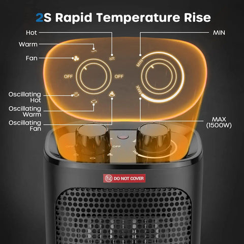 Powerful 1500W Portable Space Heater With 60 Degree Oscillation For Indoor Use, control panel detail with settings.