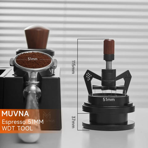 Level Up Your Daily Brew Game With This Dope 10 Needle Espresso WDT Distribution Tool And Rotary Dosing Funnel next to espresso grounds.