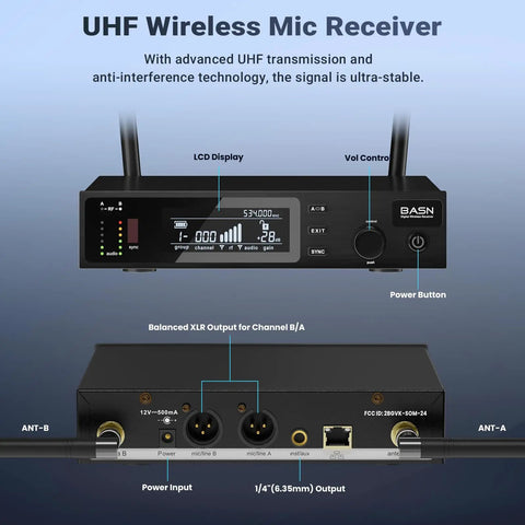 Wireless Two Microphone System With UHF Dual-Channel Receiver And Metal Handheld Dynamic Mics for stable signal with LCD display