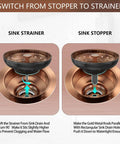 Dope Brass Kitchen Sink Drain Strainer Kit showing removable basket and stopper in brushed gold finish for easy install in various sinks.