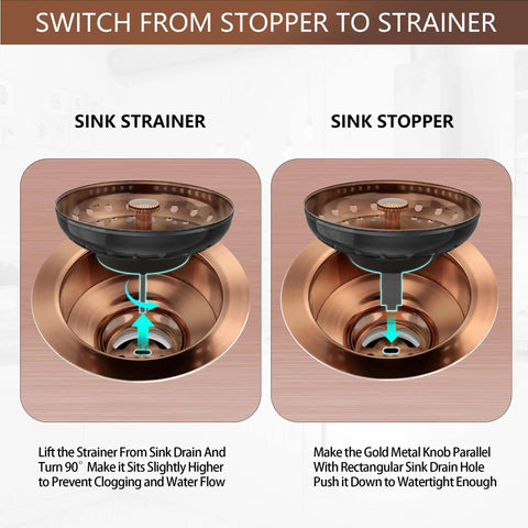 Dope Brass Kitchen Sink Drain Strainer Kit showing removable basket and stopper in brushed gold finish for easy install in various sinks.