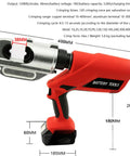Reliable Electric Crimping Tool With 360 Degree Swivel Jaw And Powerful 18 Volt Battery For Fast Copper Aluminum Wire Terminal Connections, showing dimensions and features.