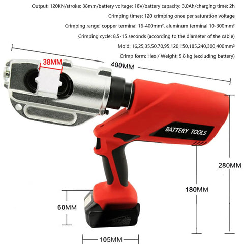 Reliable Electric Crimping Tool With 360 Degree Swivel Jaw And Powerful 18 Volt Battery For Fast Copper Aluminum Wire Terminal Connections, showing dimensions and features.