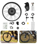 Powerful 1000W Front Wheel Electric Bike Conversion Kit With 48V Battery, dual-mode controller, PAS, LCD display, and thumb throttle for 26 inch ebike wheel, with parts and riding scenes