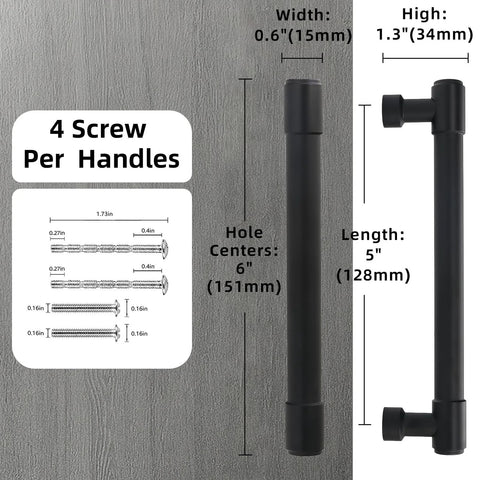 Diagram and measurements of Matte Black Cabinet Pulls 10 Pack 5 Inch 128mm Hole Centers Aluminum Kitchen Cabinet Handles.