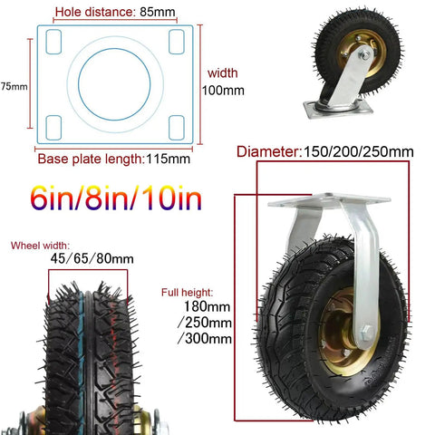 Straight Up Heavy Duty Industrial Caster Pair Featuring Silent Rubber Wheels And Thick Steel Base Plates, 150mm diameter, for shop carts.