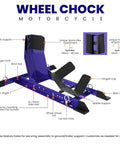 Universal Motorcycle Wheel Chock For Stand And Trailer, Completely Adjustable, Detachable And Foldable, Fits 16 To 21 Inch Wheels, Works With Sport Bikes, Cruisers, Harleys, Touring Bikes, And Scooters, Blue. Side view with installation features.